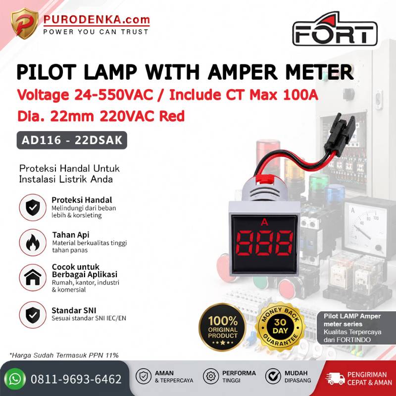 FORT Pilot Lamp with Amper Meter 1-100A CT Max. 100A 22mm 220VAC Red Kotak AD116-22DSAK