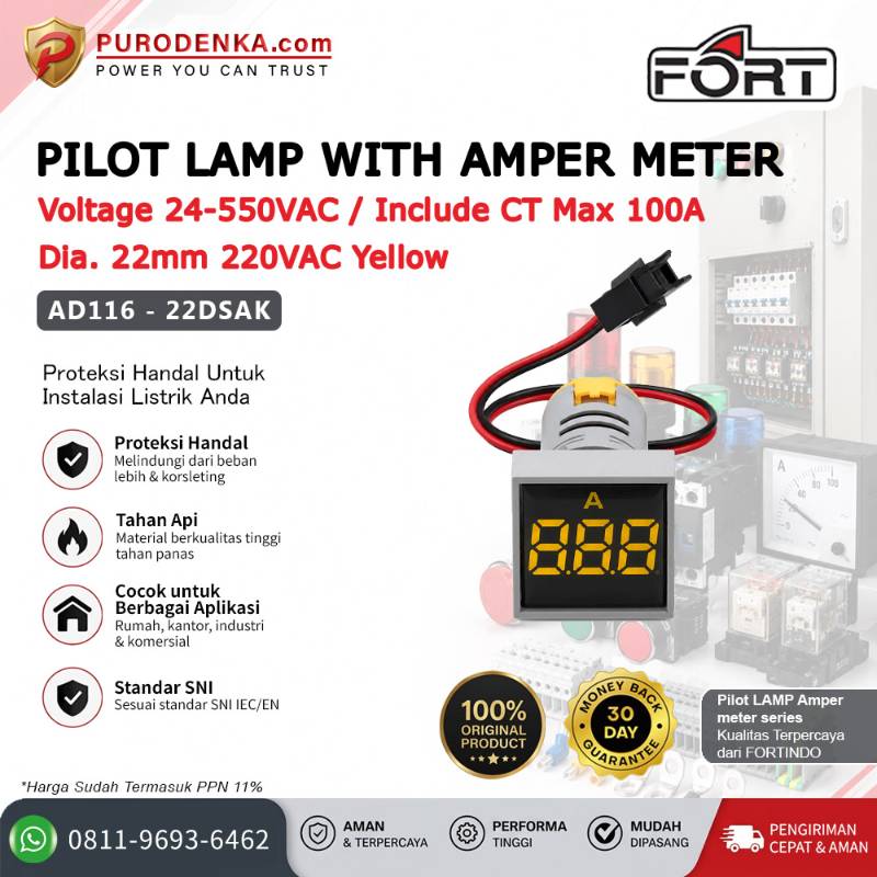 FORT Pilot Lamp with Amper Meter 1-100A CT Max. 100A 22mm 220VAC Yellow Kotak AD116-22DSAK