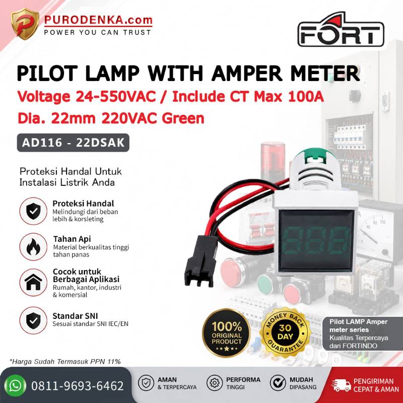 FORT Pilot Lamp with Amper Meter 1-100A CT Max. 100A 22mm 220VAC Green Kotak AD116-22DSAK