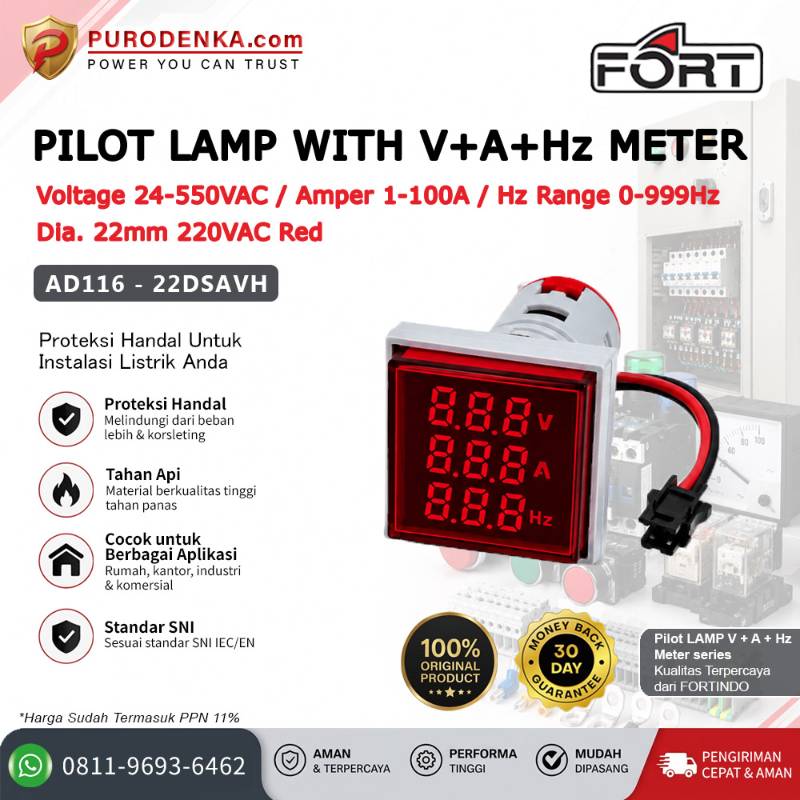 FORT Pilot Lamp with V+A+Hz Meter 22mm 220VAC Kotak Red AD116-22DSAVH