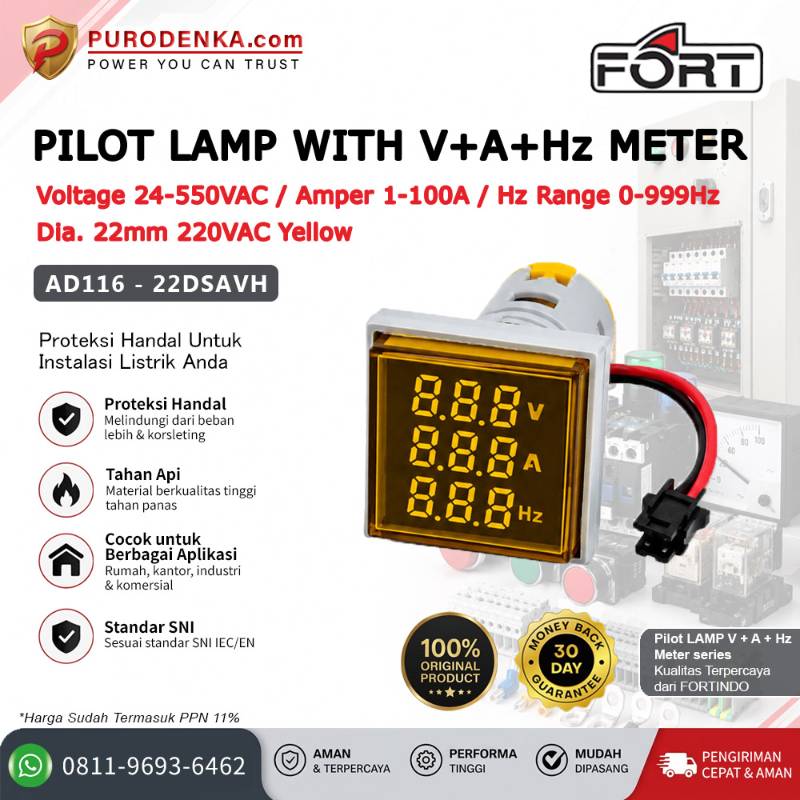 FORT Pilot Lamp with V+A+Hz Meter 22mm 220VAC Kotak Yellow AD116-22DSAVH
