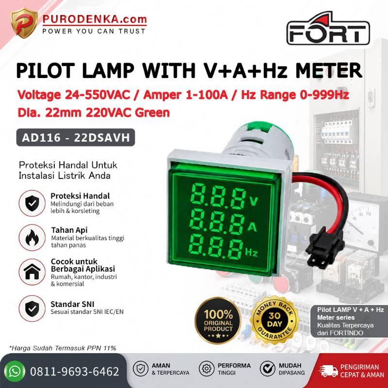 FORT Pilot Lamp with V+A+Hz Meter 22mm 220VAC Kotak Green AD116-22DSAVH
