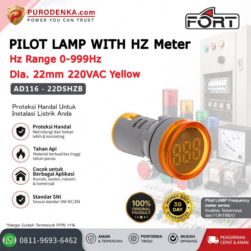 FORT Pilot Lamp with Frequency (Hz) Meter 0-999Hz 22mm 220VAC Yellow Bulat AD116-22DSHZB