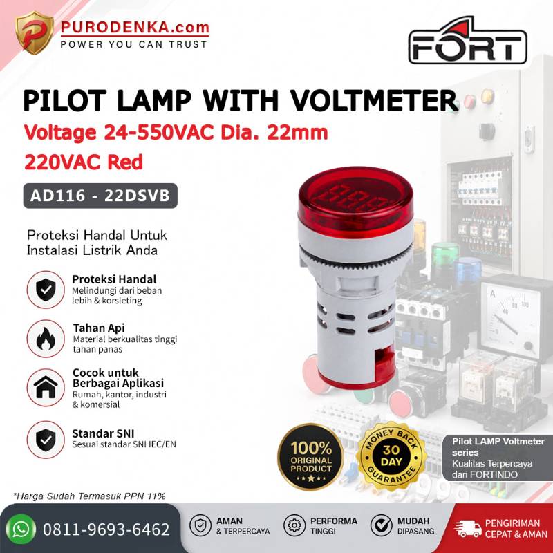 FORT Pilot Lamp with Voltmeter Voltage 24-550VAC 22mm 220VAC Red Bulat AD116-22DSVB