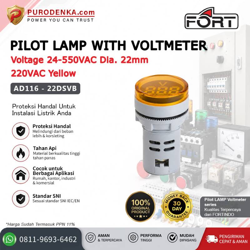 FORT Pilot Lamp with Voltmeter Voltage 24-550VAC 22mm 220VAC Yellow Bulat AD116-22DSVB