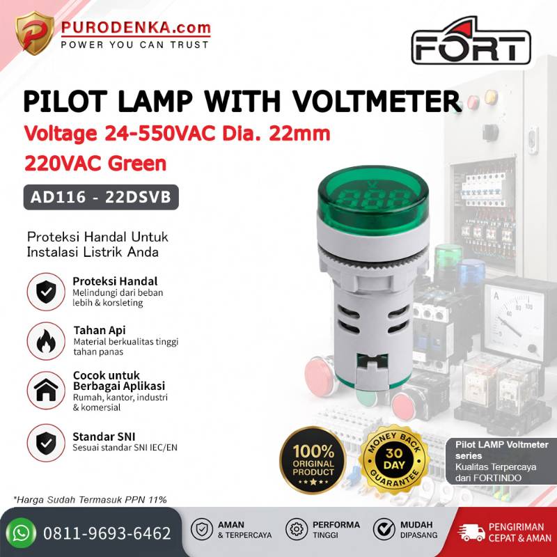 FORT Pilot Lamp with Voltmeter Voltage 24-550VAC 22mm 220VAC Green Bulat AD116-22DSVB