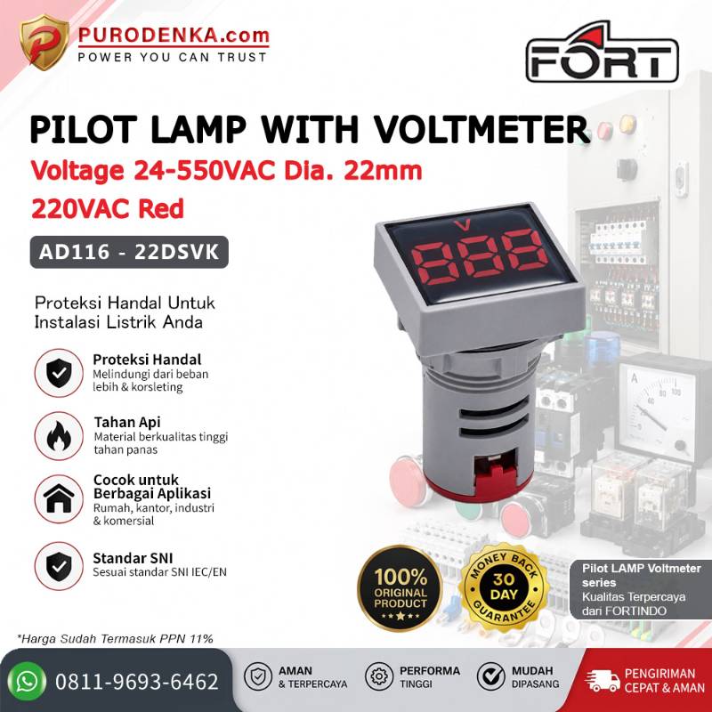 FORT Pilot Lamp with Voltmeter Voltage 24-550VAC 22mm 220VAC Red Kotak AD116-22DSVK