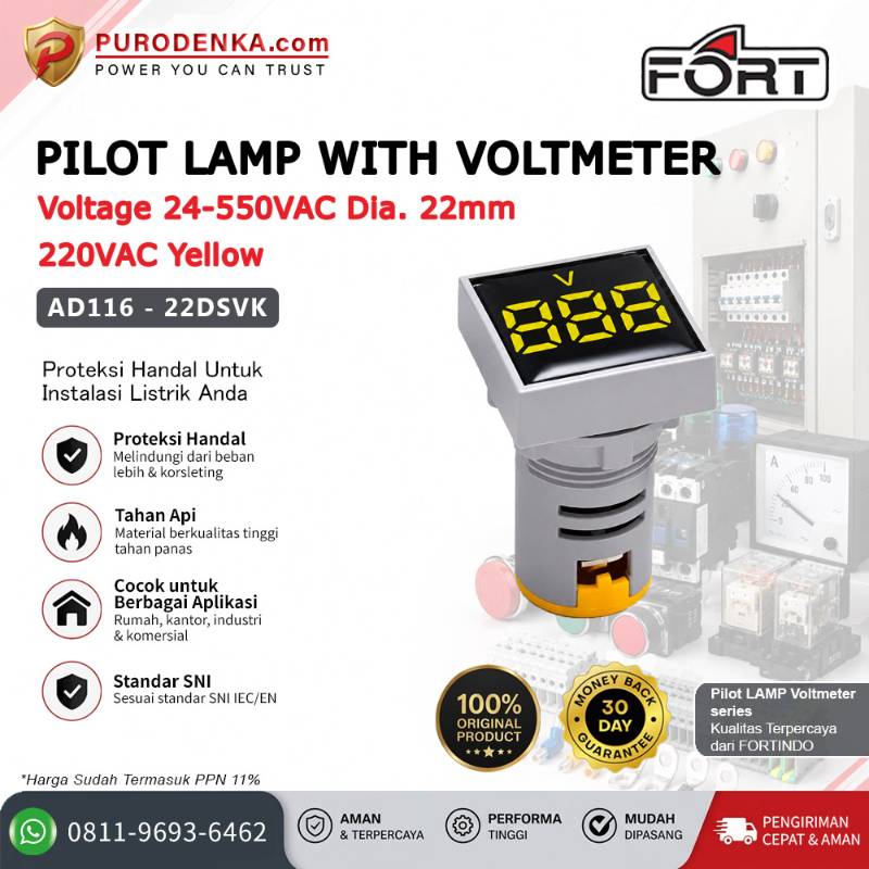 FORT Pilot Lamp with Voltmeter Voltage 24-550VAC 22mm 220VAC Yellow Kotak AD116-22DSVK