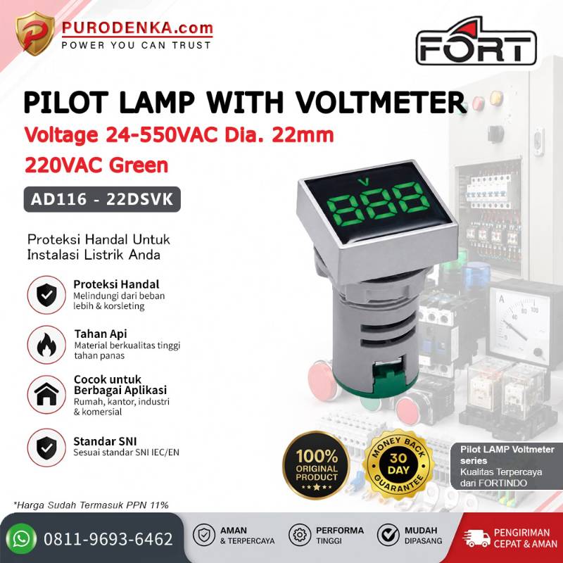 FORT Pilot Lamp with Voltmeter Voltage 24-550VAC 22mm 220VAC Green Kotak AD116-22DSVK