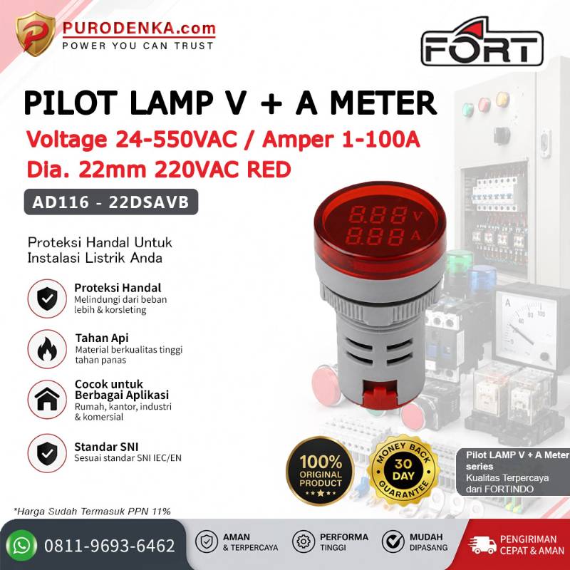 FORT Pilot Lamp with V+A Meter 22mm 220VAC Red Bulat AD116-22DSAVB