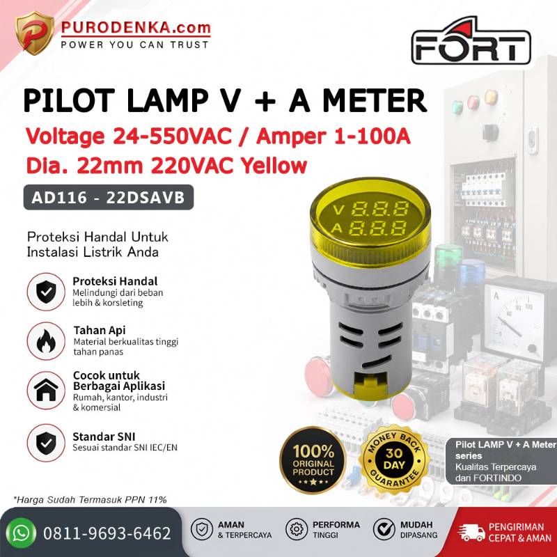 FORT Pilot Lamp with V+A Meter 22mm 220VAC Yellow Bulat AD116-22DSAVB