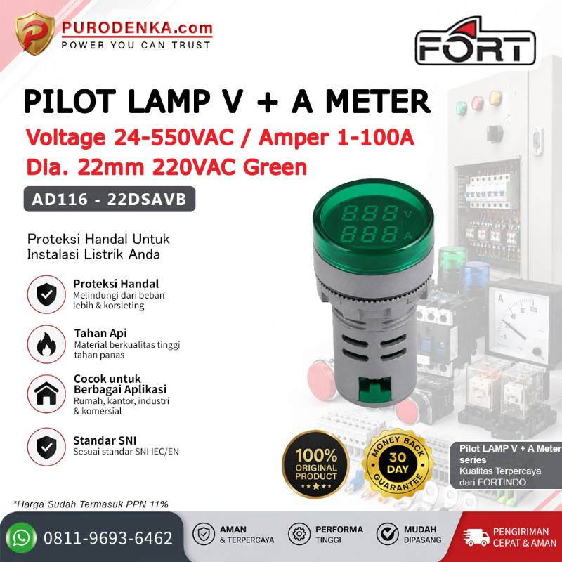 FORT Pilot Lamp with V+A Meter 22mm 220VAC Green Bulat AD116-22DSAVB