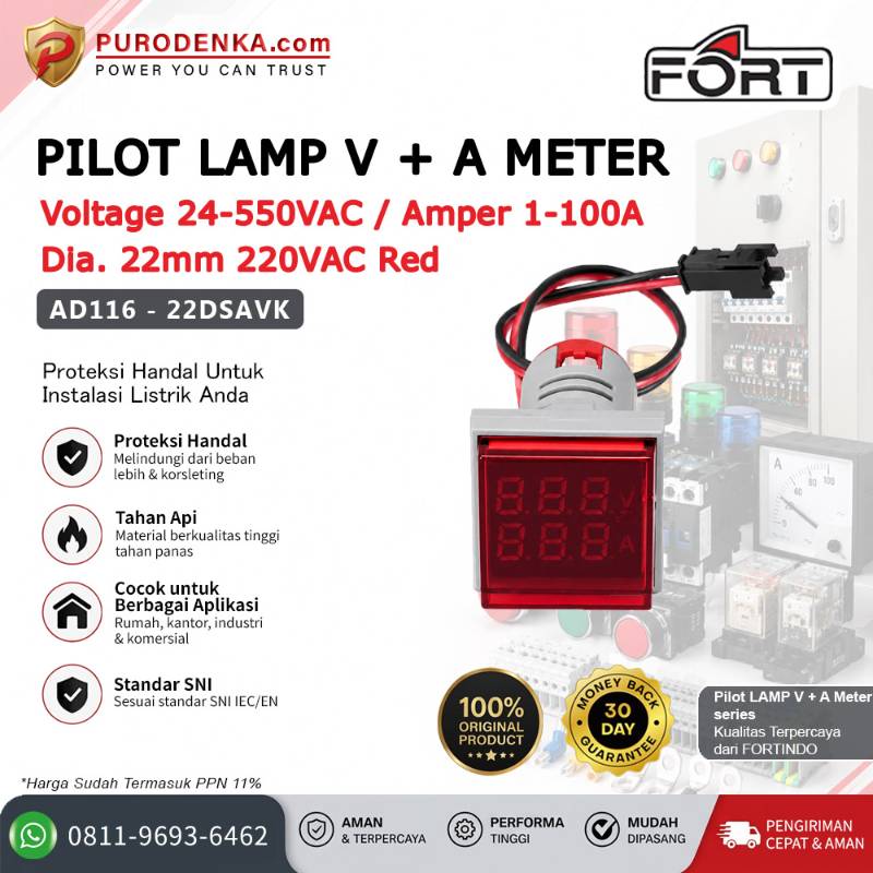 FORT Pilot Lamp with V+A Meter 22mm 220VAC Red Kotak AD116-22DSAVK