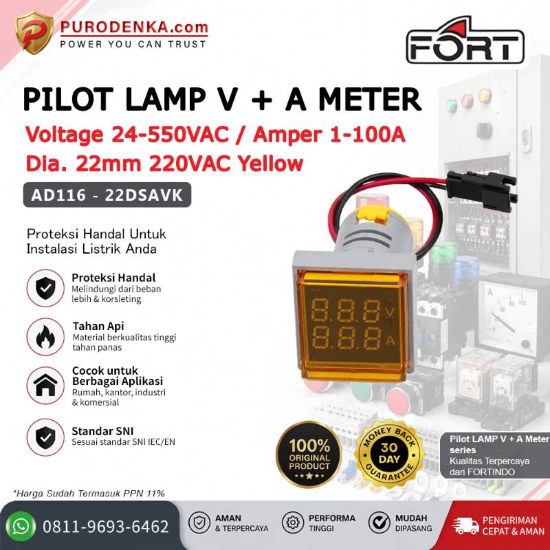 FORT Pilot Lamp with V+A Meter 22mm 220VAC Yellow Kotak AD116-22DSAVK