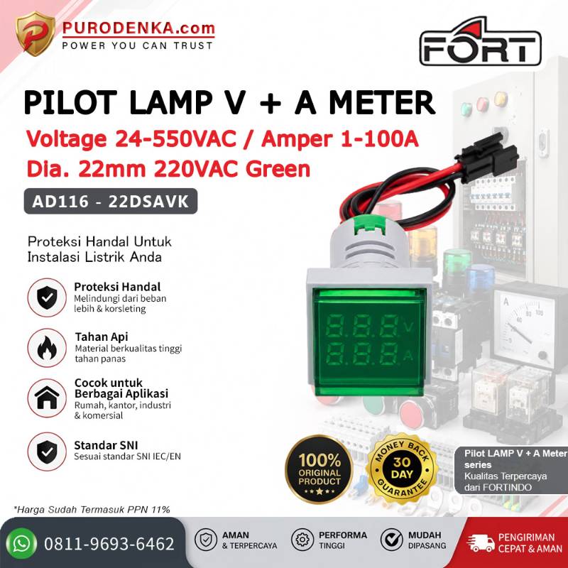 FORT Pilot Lamp with V+A Meter 22mm 220VAC Green Kotak AD116-22DSAVK