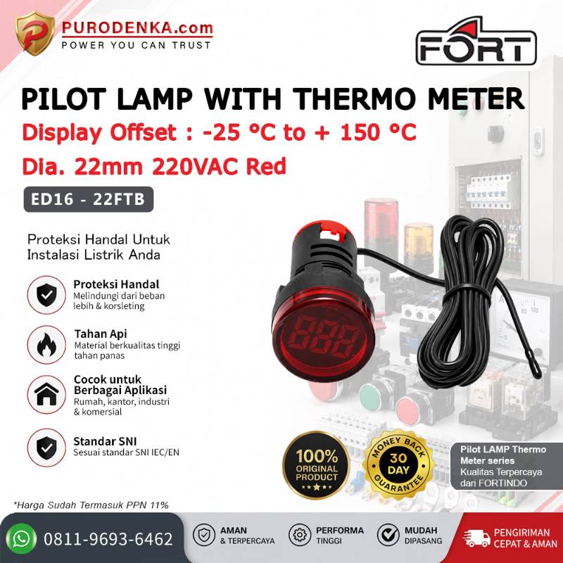 FORT Pilot Lamp with Thermo Meter 22mm 220VAC Red Bulat ED16-22FTB