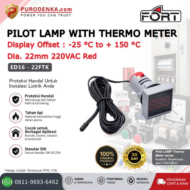 FORT Pilot Lamp with Thermo Meter 22mm 220VAC Red Kotak ED16-22FTK