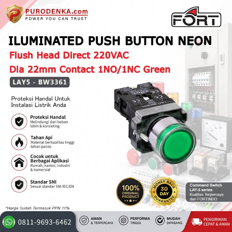 FORT Iluminated Push Button with Neon Flush Head 220VAC 22mm 1NO/1NC Green LAY5-BW3361