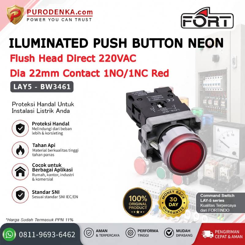 FORT Iluminated Push Button with Neon Flush Head 220VAC 22mm 1NO/1NC Red LAY5-BW3461