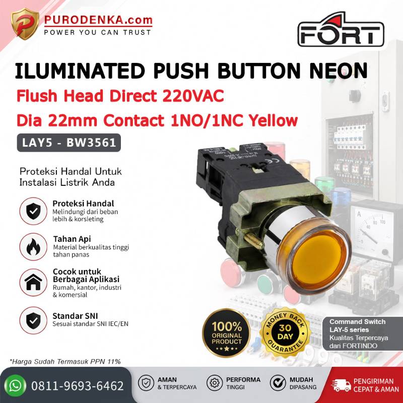 FORT Iluminated Push Button with Neon Flush Head 220VAC 22mm 1NO/1NC Red LAY5-BW3561