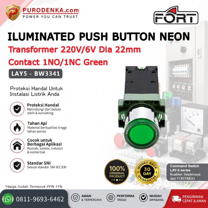 FORT Iluminated Push Button with Neon with Transformer 220V/6V 22mm 1NO/1NC Green LAY5-BW3341
