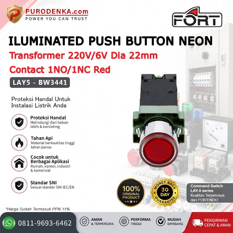 FORT Iluminated Push Button with Neon with Transformer 220V/6V 22mm 1NO/1NC Red LAY5-BW3441