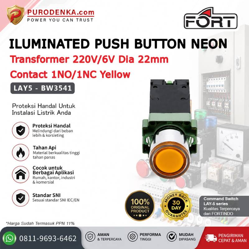FORT Iluminated Push Button with Neon with Transformer 220V/6V 22mm 1NO/1NC Yellow LAY5-BW3541