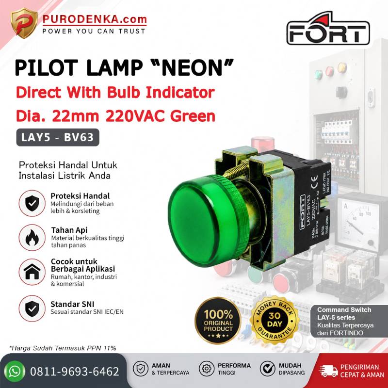 FORT Pilot Lamp Neon with Bulb Indicator 22mm 220VAC Green LAY5-BV63