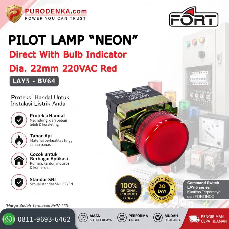 FORT Pilot Lamp Neon with Bulb Indicator 22mm 220VAC Red LAY5-BV64