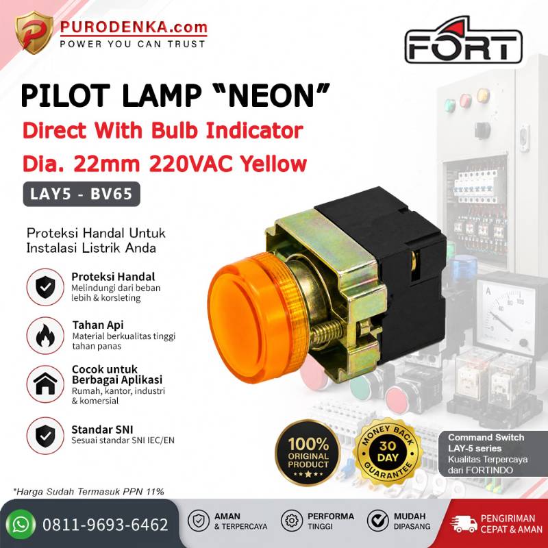 FORT Pilot Lamp Neon with Bulb Indicator 22mm 220VAC Yellow LAY5-BV65