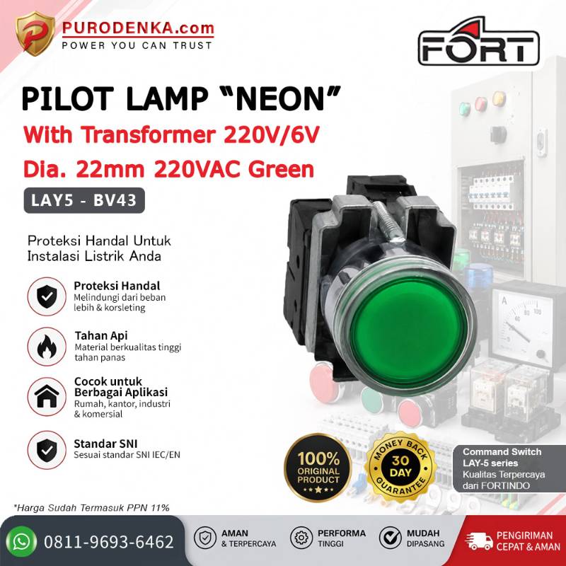 FORT Pilot Lamp Neon with Transformer 220V/6V 22mm 220VAC Green LAY5-BV43