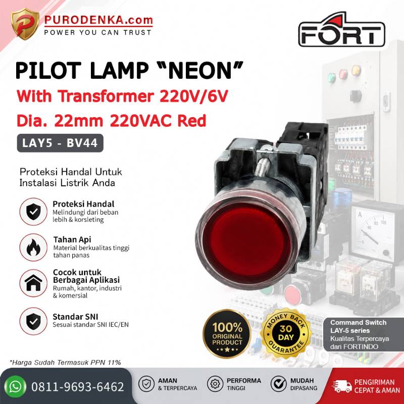 FORT Pilot Lamp Neon with Transformer 220V/6V 22mm 220VAC Red LAY5-BV44