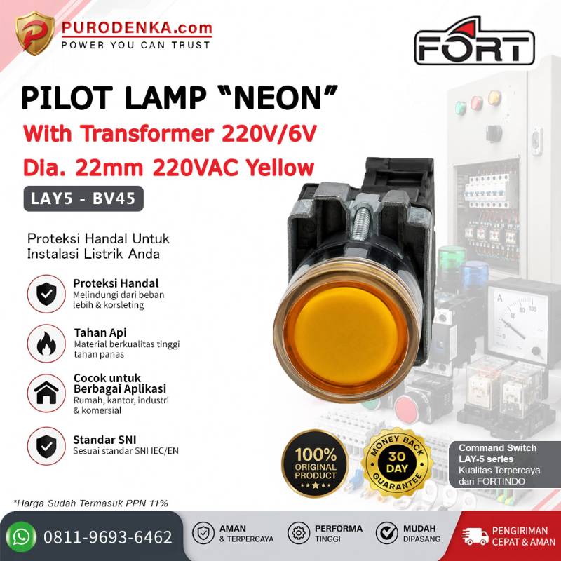 FORT Pilot Lamp Neon with Transformer 220V/6V 22mm 220VAC Yellow LAY5-BV45