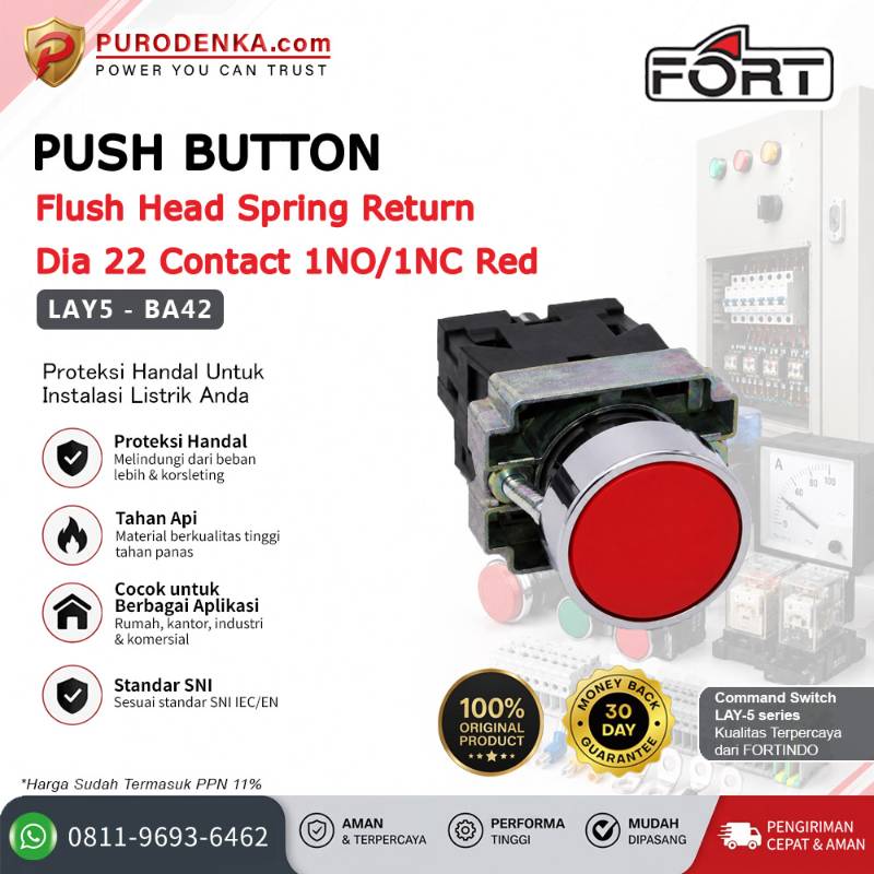 FORT Push Button Flush Head Spring Return 22mm 1NO/1NC Red LAY5-BA42