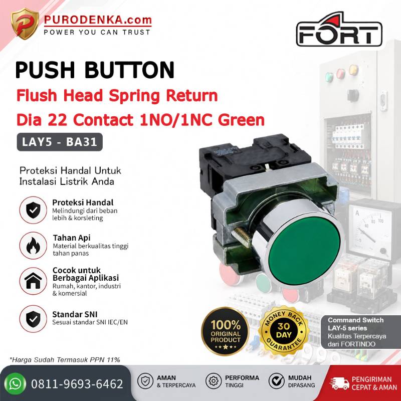 FORT Push Button Flush Head Spring Return 22mm 1NO/1NC Green LAY5-BA31