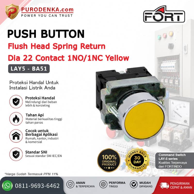FORT Push Button Flush Head Spring Return 22mm 1NO/1NC Yellow LAY5-BA51