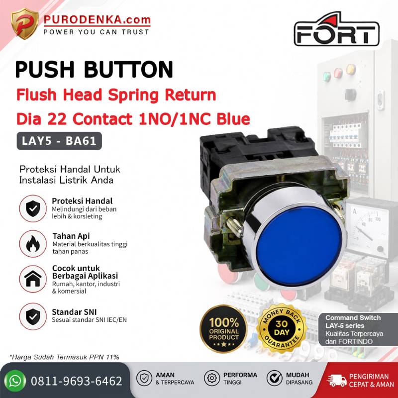 FORT Push Button Flush Head Spring Return 22mm 1NO/1NC Blue LAY5-BA61