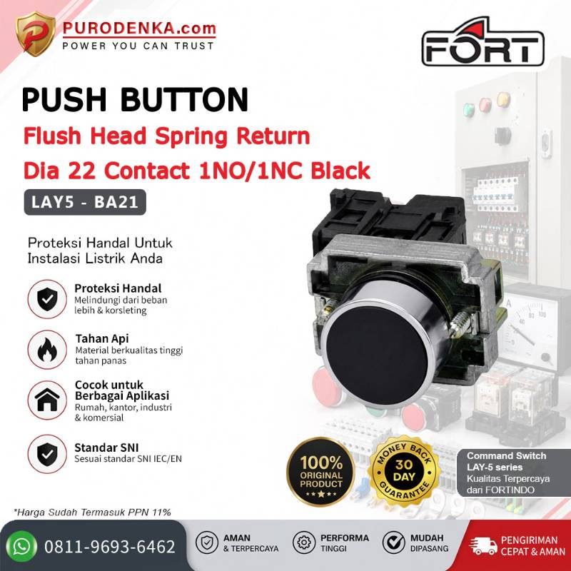 FORT Push Button Flush Head Spring Return 22mm 1NO/1NC Black LAY5-BA21