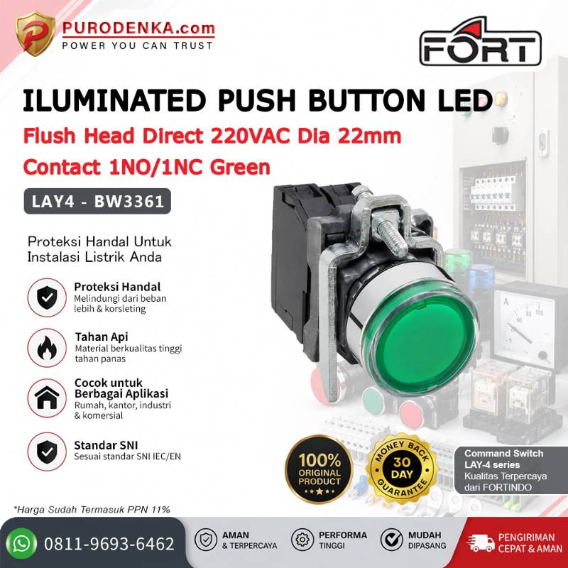 FORT Iluminated Push Button with LED Flush Head 22mm 1NO/1NC Green LAY4-BW3361