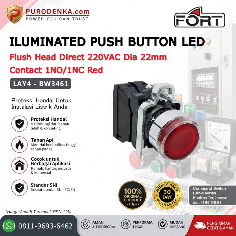 FORT Iluminated Push Button with LED Flush Head 22mm 1NO/1NC Red LAY4-BW3461