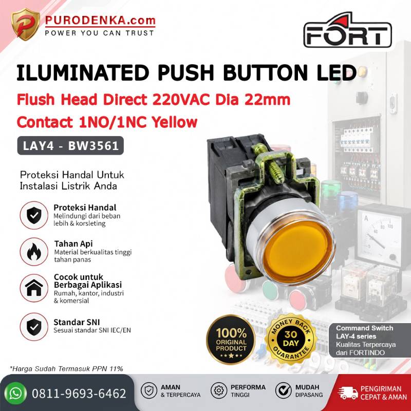 FORT Iluminated Push Button with LED Flush Head 22mm 1NO/1NC Yellow LAY4-BW3561
