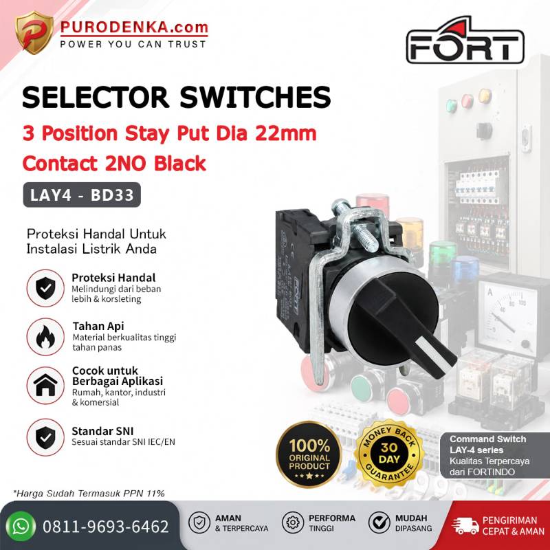 FORT Selector Switch 3 Position Stay Put 22mm 2NO Black LAY4-BD33