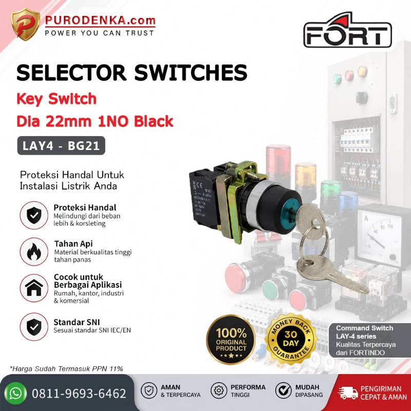 FORT Selector Switch Key Switch 22mm 1NO Black LAY4-BG21