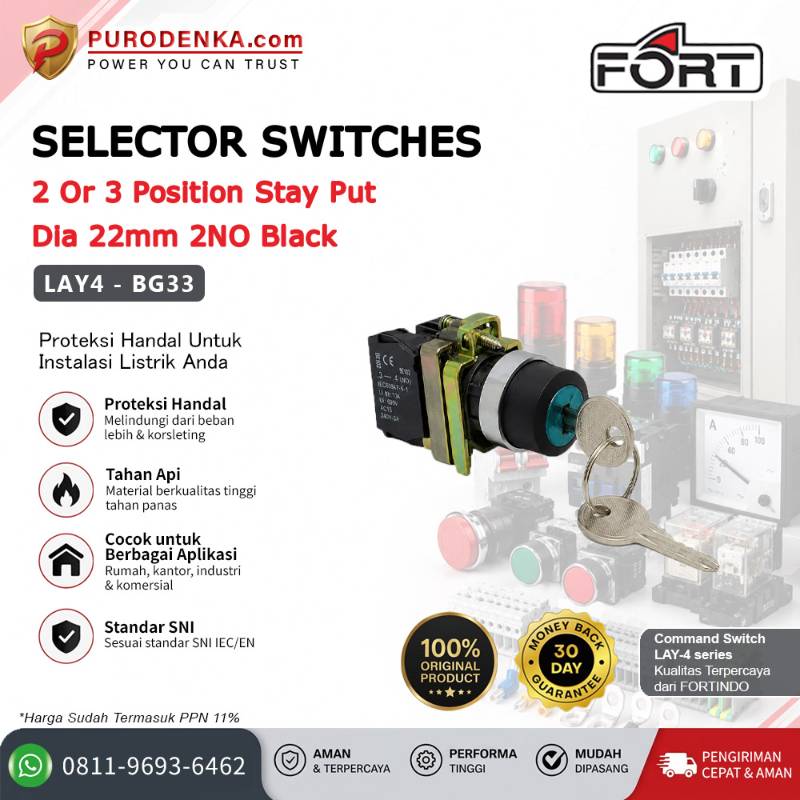 FORT Selector Switch 2 or 3 Position Stay Put 22mm 2NO Black LAY4-BG33