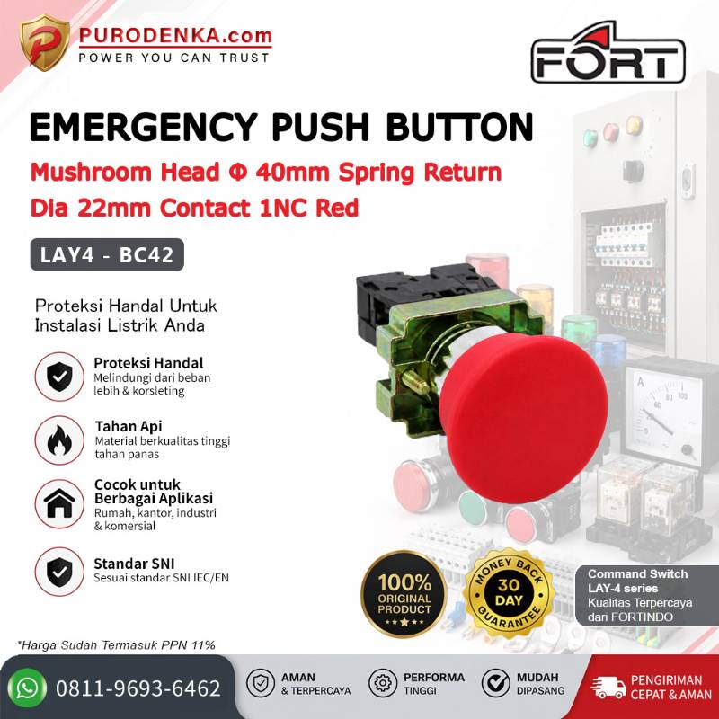 FORT Emergency Stop Mushroom Head Spring Return 40mm 1NC Red LAY4-BC42
