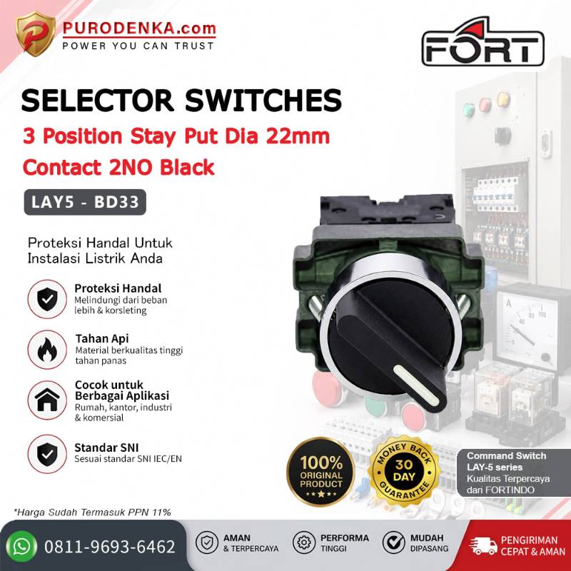 FORT Selector Switch 3 Position Stay Put 22mm 2NO Black LAY5-BD33