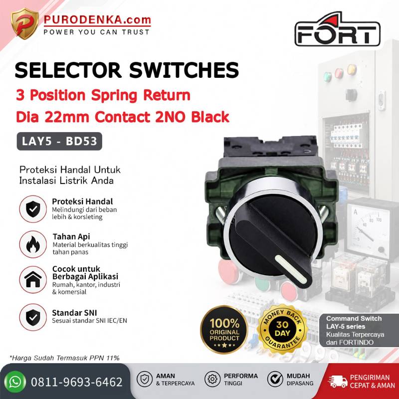 FORT Selector Switch 3 Position Spring Return (Diputar Balik Lagi) 22mm 2NO Black LAY5-BD53