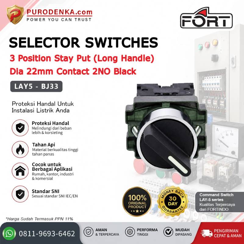 FORT Selector Switch 3 Position Stay Put (Long Handle) 22mm 2NO Black LAY5-BJ33
