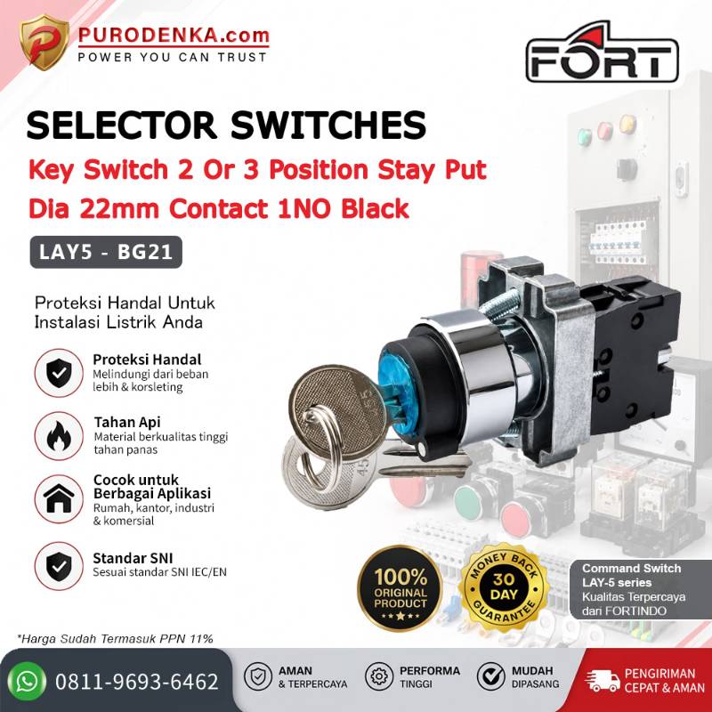 FORT Selector Switch Key Switch 2 or 3 Position Stay Put 22mm 1NO Black LAY5-BG21