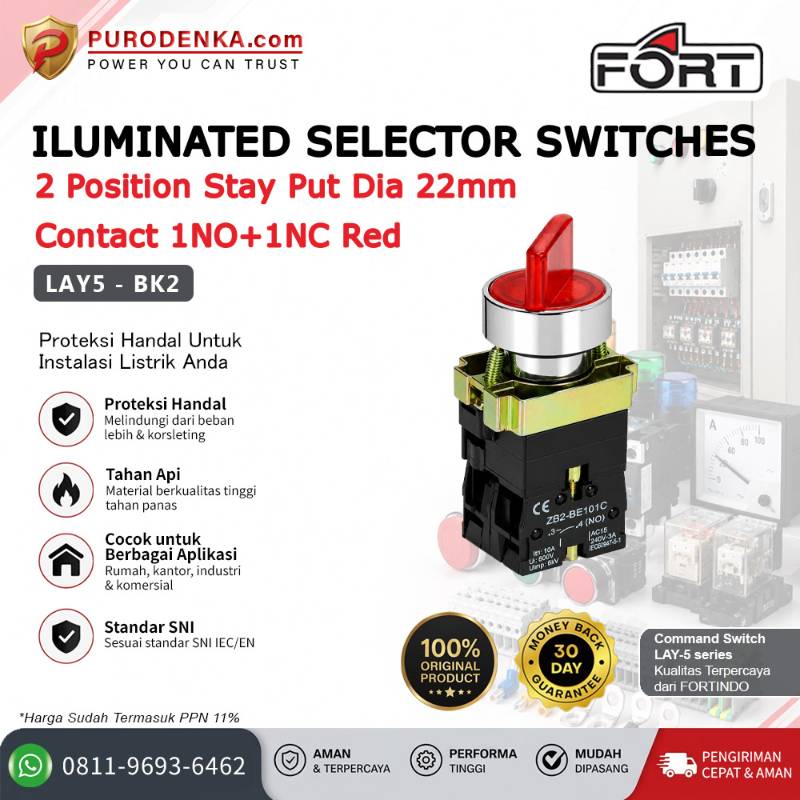 FORT Iluminated Selector Switch 2 Position Stay Put 22mm 1NO+1NC Red LAY5-BK2